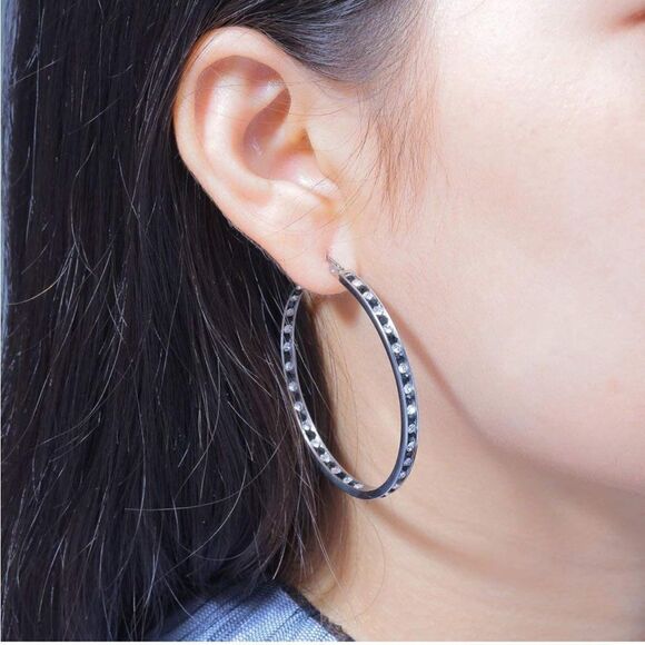 14K White Gold with Black Onyx and White Diamond Cubic Zirconia Hoop Earrings - Picture 5 of 6